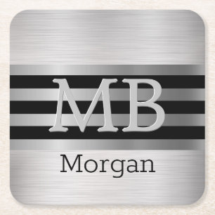 DIY Monogramm/Name Bk/Silber Streifen gebürstet Si Rechteckiger Pappuntersetzer