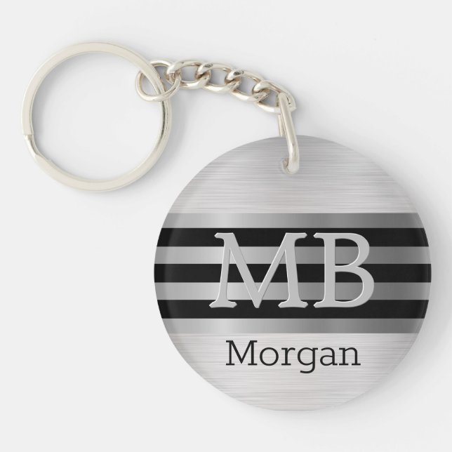 DIY Monogramm/Name Bk/Silber Streifen gebürstet Si Schlüsselanhänger (Vorderseite)