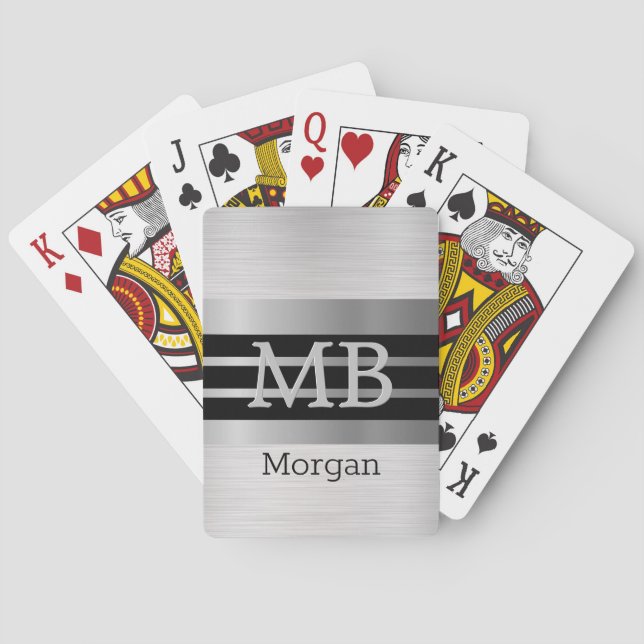 DIY Monogramm/Name Bk/Silber Streifen gebürstet Si Spielkarten (Rückseite)