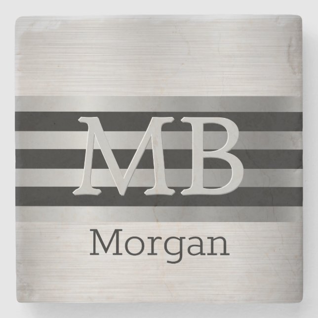 DIY Monogramm/Name Bk/Silber Streifen gebürstet Si Steinuntersetzer (Vorderseite)