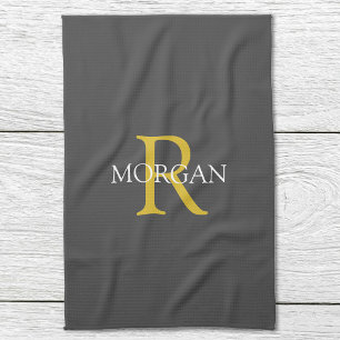 DIY Monogramm und Name, Gold/Weiß, dunkelgrau Geschirrtuch
