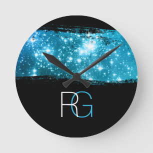 DIY-Monogramm Weiß & Blau, Stardust-Pinselstrich Runde Wanduhr