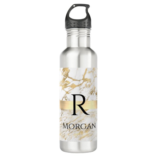 DIY Name & Monogram Blk Text, White & Gold Marmor Edelstahlflasche (Vorderseite)