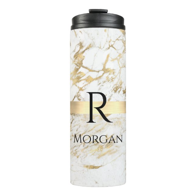 DIY Name & Monogram Blk Text, White & Gold Marmor Thermosbecher (Vorderseite)