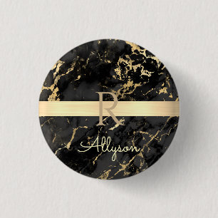 DIY Name & Monogram, Gold Bar, Black & Gold Marmor Button