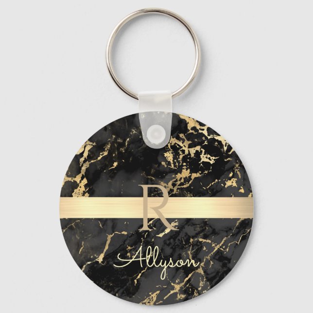 DIY Name & Monogram, Gold Bar, Black & Gold Marmor Schlüsselanhänger (Vorderseite)