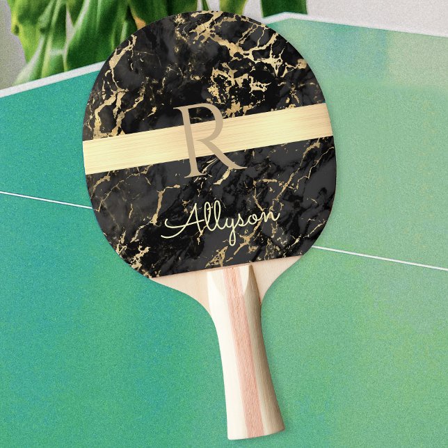 DIY Name & Monogram, Gold Bar, Black & Gold Marmor Tischtennis Schläger (Von Creator hochgeladen)