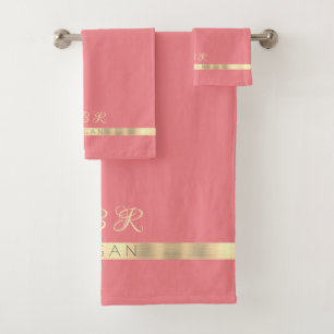 DIY Name & Monogram, Gold Stripes, Pink Salmon