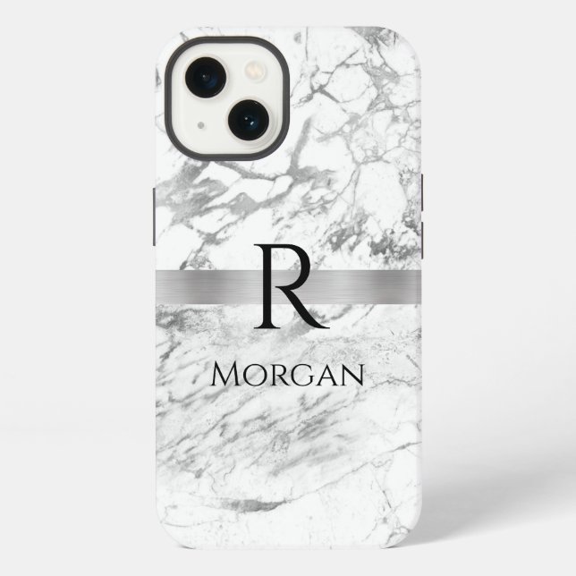 DIY Name & Monogram Schwarzer Text, Weiß & Grauer  iPhone Hülle (Rückseite)