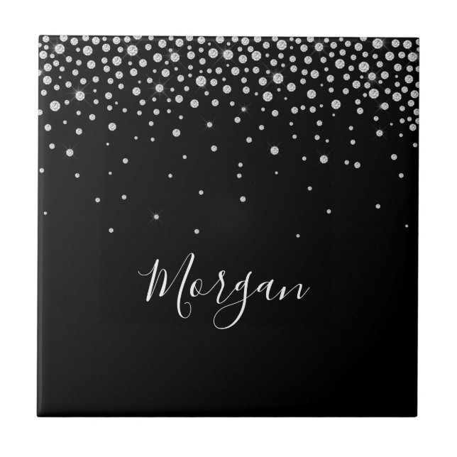 DIY Name Weiße Schrift & Weiße Diamanten, Schwarz Fliese (Vorderseite)