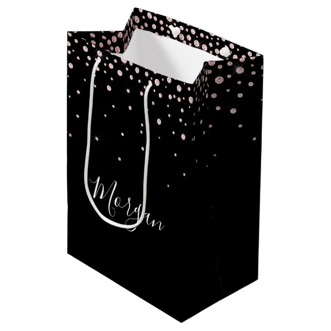 DIY Name White Script Fallende rosa Diamanten, sch Mittlere Geschenktüte (Vorderseite Schrägansicht)