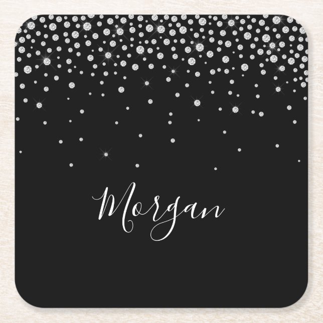 DIY Name White Script & White Diamonds, Black Rechteckiger Pappuntersetzer (Vorderseite)