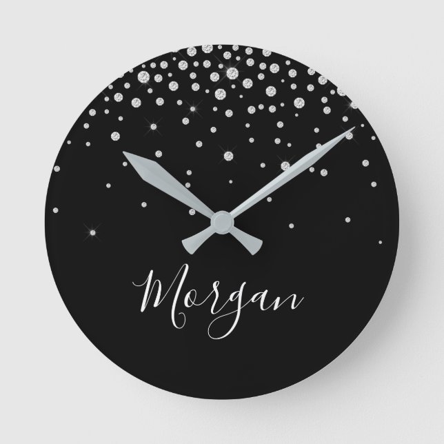 DIY Name White Script & White Diamonds, Black Runde Wanduhr (Vorderseite)