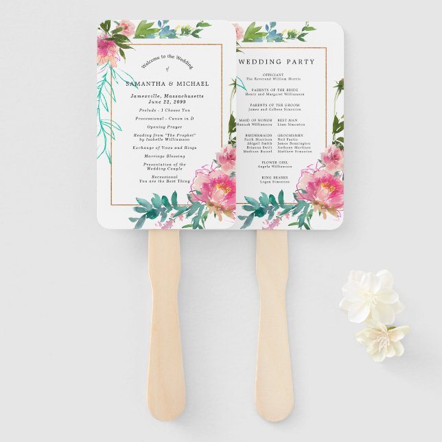 DIY Pink Peony Floral Wedding Program Fächer (Vorne und Hinten)