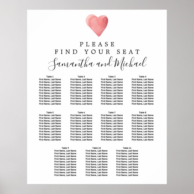 DIY Red Heart 11-Table Hochzeitstabelle Poster (Vorne)