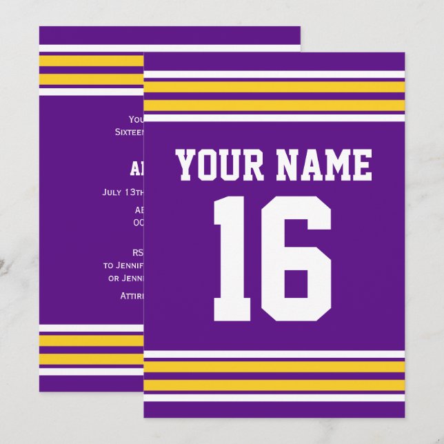 DIY Team Jersey Stripes Gold #2 White Lila Einladung (Vorne/Hinten)