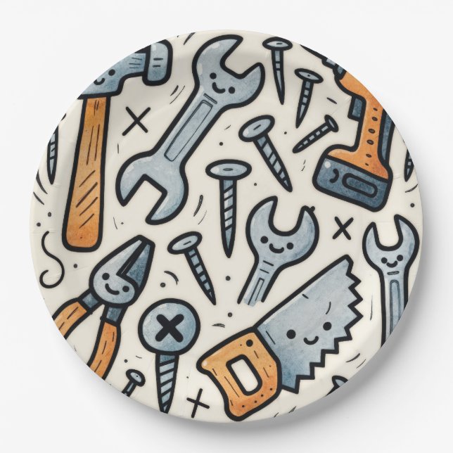 DIY Tools Doodle Cartoon Pappteller (Vorderseite)
