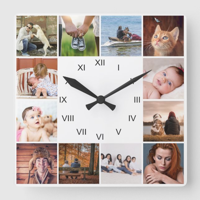 DIY UNSERE FAMILIE | 12 Foto Collage Roman numeral Quadratische Wanduhr (Vorderseite)