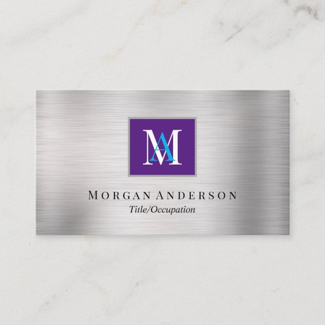 DIY White/Blue Monogram Name, Royal Lila & Silver Visitenkarte (Vorderseite)