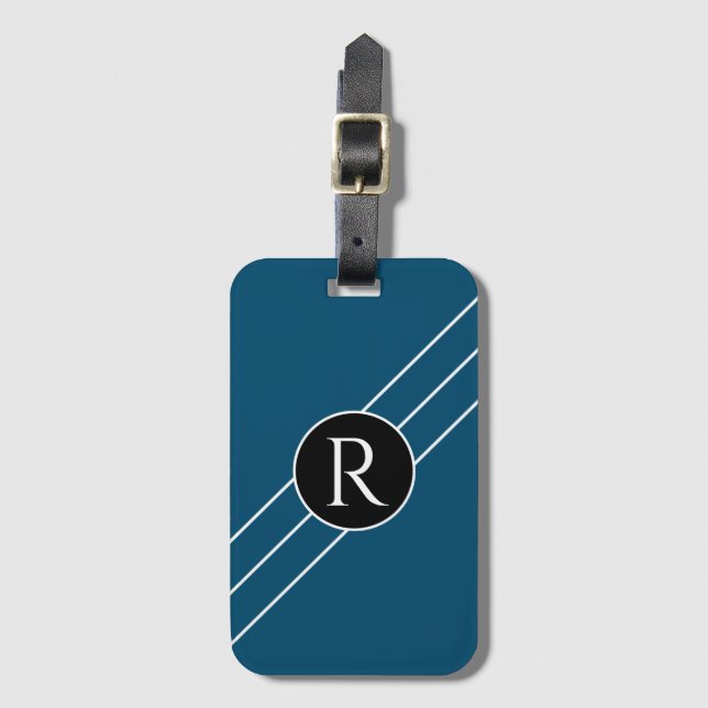 DIY White Monogram Circle Lines, Ocean Blue Black Gepäckanhänger (Vorderseite Vertikal)
