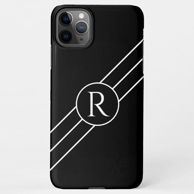 DIY White Monogram in Circle, Diagonal Lines Black iPhone Hülle (Rückseite)
