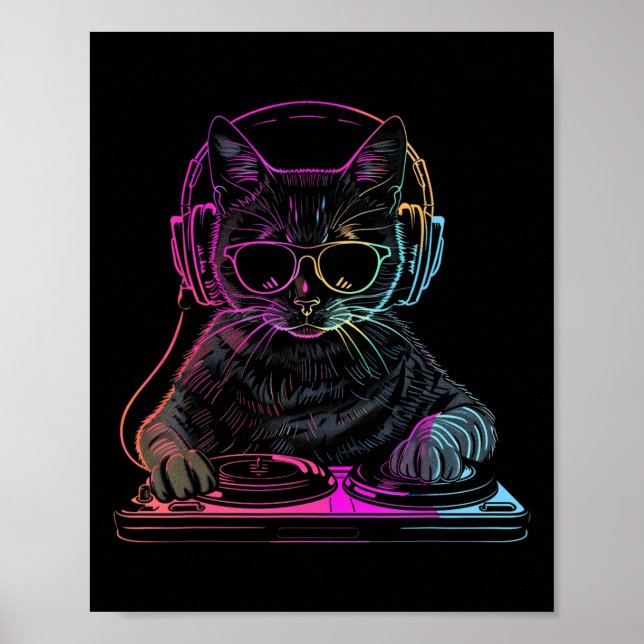 Dj Cat Edm Techno House Musik Funny Cat Lover Poster (Vorne)