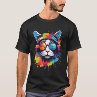 Dj Cat Tragen Kopfhörer Sonnenbrille T-Shirt