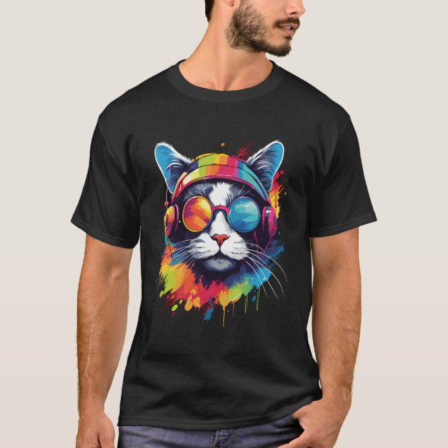 Dj Cat Tragen Kopfhörer Sonnenbrille T-Shirt (Vorderseite)