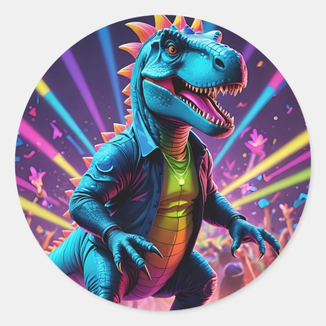 DJ Dinosaur Party mit Neon Lights Runder Aufkleber (Vorderseite)