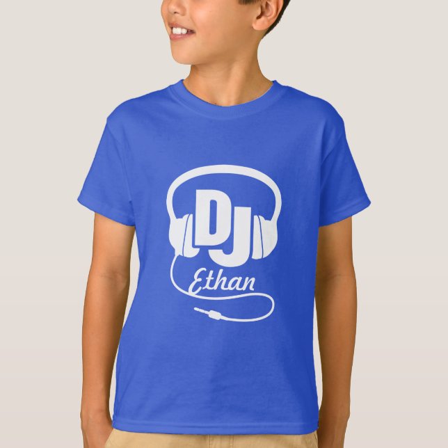 DJ Ihr Namenweiß auf Blau scherzt T - Shirt (Vorderseite)