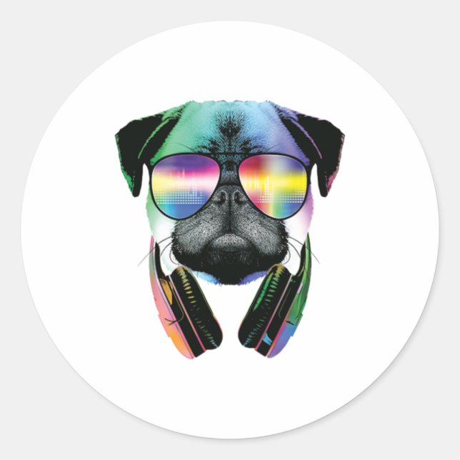 DJ-Mops mit Kopfhörern und Sonnenbrille Runder Aufkleber (Vorderseite)