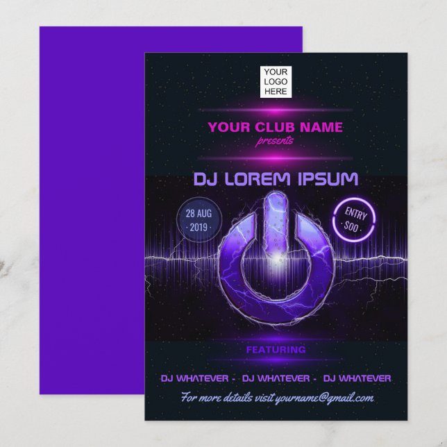 DJ Music and Dance Gig ajouter logo invitation (Devant / Derrière)