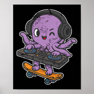 Dj Octopus Skate Retro Cartoon  Poster