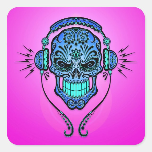 DJ Sugar Skull - Blau und Lila Quadratischer Aufkleber (Vorderseite)