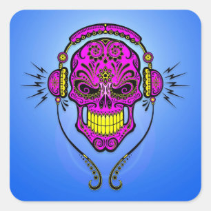 DJ Sugar Skull - Lila und gelb Quadratischer Aufkleber