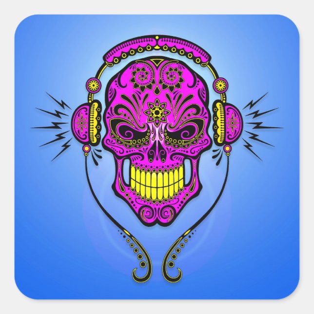 DJ Sugar Skull - Lila und gelb Quadratischer Aufkleber (Vorderseite)