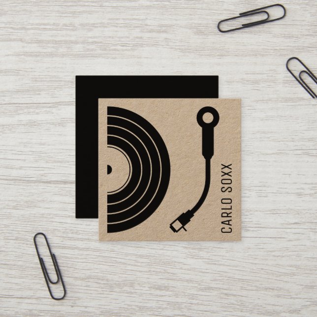 DJ-Zeichen als Schallplatte Retro-Kraftplatte Quadratische Visitenkarte (Vorderseite/Rückseite Beispiel)