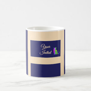 Dk Blau + Creme Streifen Grüne Katze Kaffeetasse