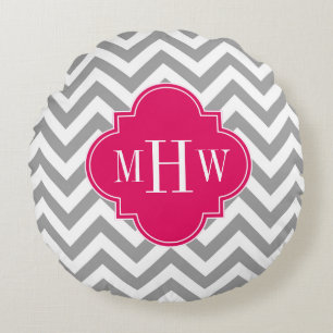 Dk Grau Lg Chevron Himbeere Vierpass 3 Monogramm Rundes Kissen