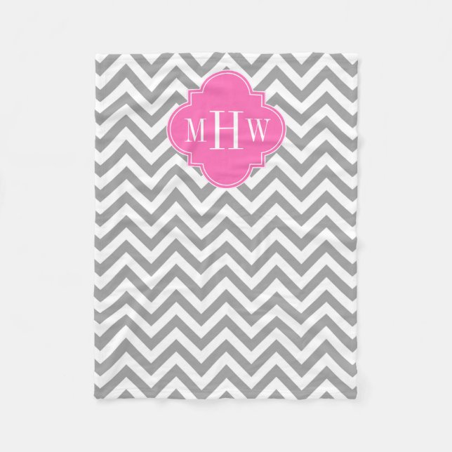 Dk Grau Lg Zickzack Hot Pink Folie 3 Monogramm Fleecedecke (Vorderseite)