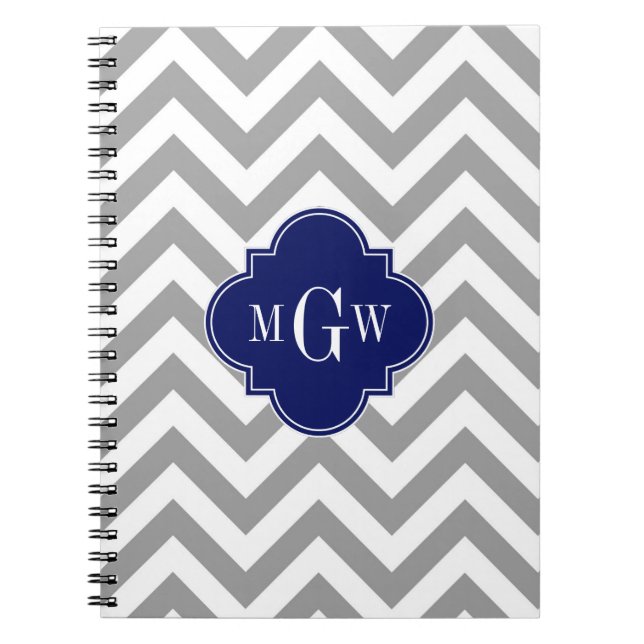 Dk Grau Lg Zickzack Navy Quatrefolie 3 Monogramm Notizblock (Vorderseite)