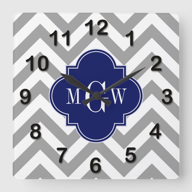 Dk Grau Lg Zickzack Navy Quatrefolie 3 Monogramm Quadratische Wanduhr (Vorderseite)