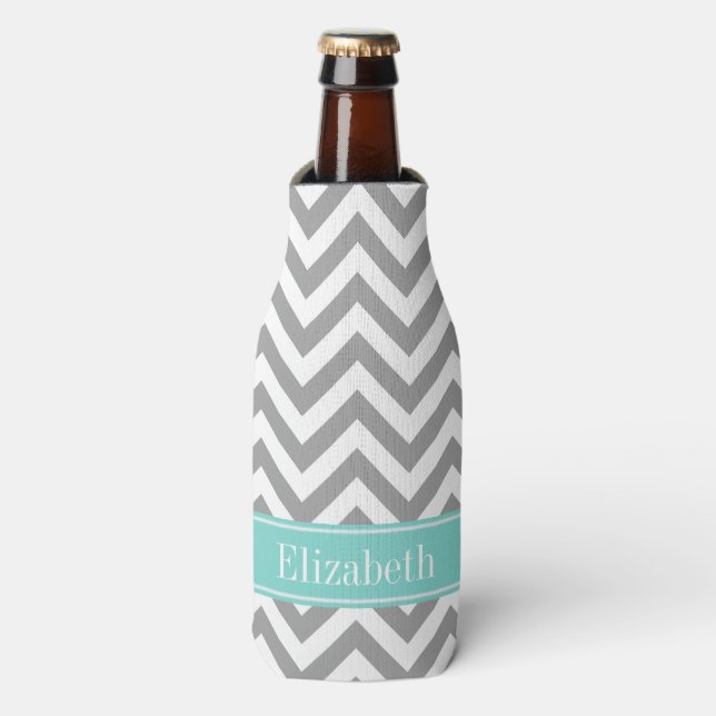 Dk Grau Weiß LG Zickzack Türkis Name Monogramm Flaschenkühler (Flaschenvorderseite)