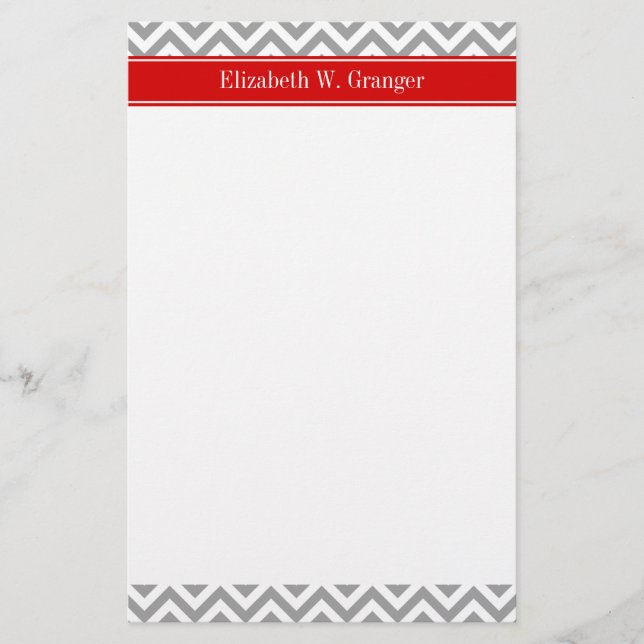 Dk Grau White LG Zickzack Red Name Monogram Briefpapier (Vorderseite)