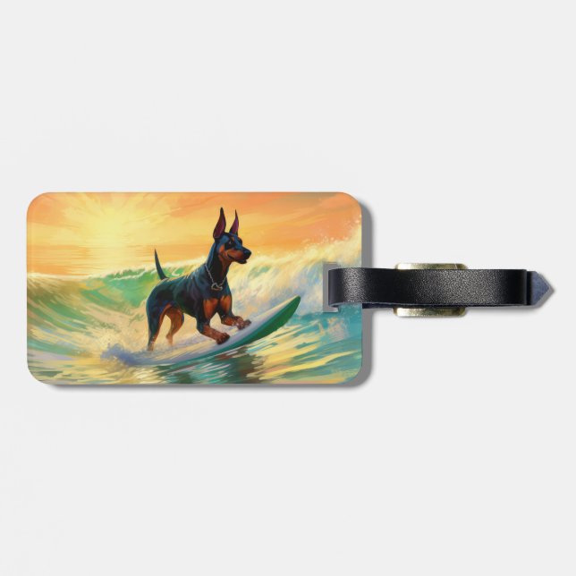 Doberman Beach Surfing Painting Gepäckanhänger (Rückseite horizontal)