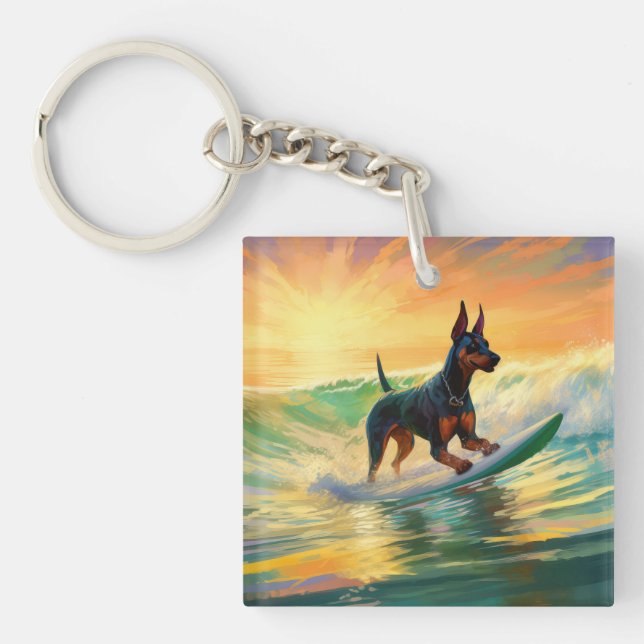 Doberman Beach Surfing Painting Schlüsselanhänger (Vorderseite)