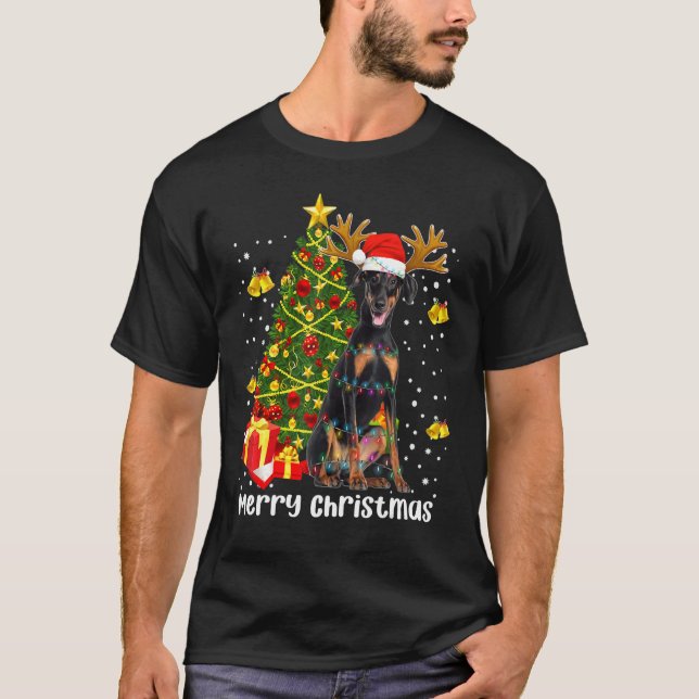 Doberman Christmas Lights Tree Santa Xmas Doberman T-Shirt (Vorderseite)