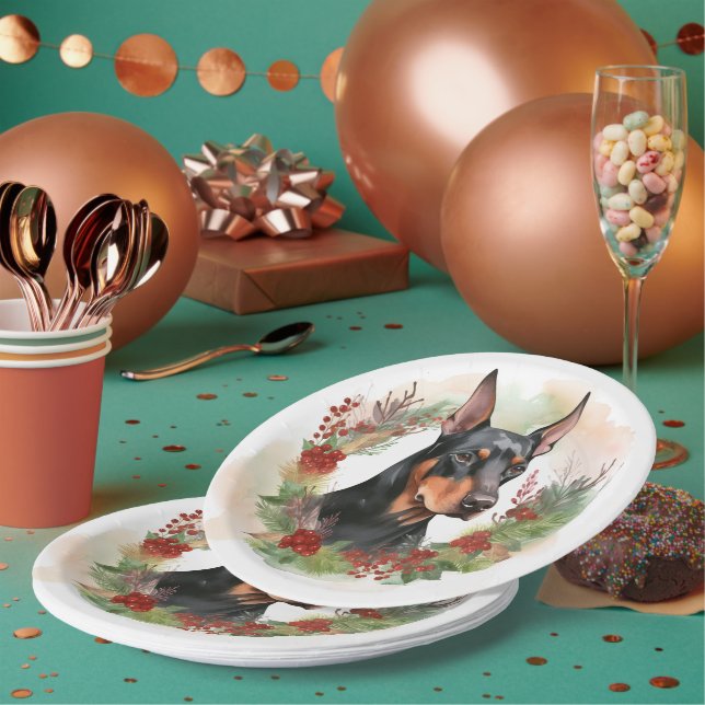 Doberman Christmas Wreath Festivals Pappteller (Multi)