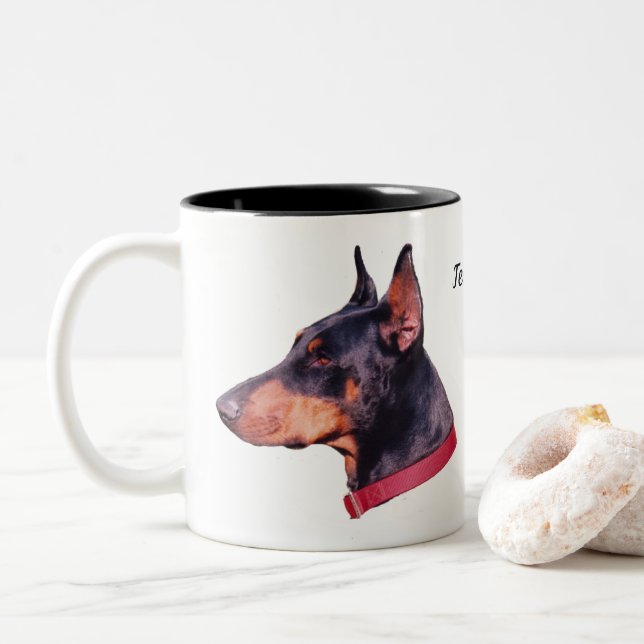 Doberman Dog Face Foto Personalisiert Zweifarbige Tasse (Mit Donut)
