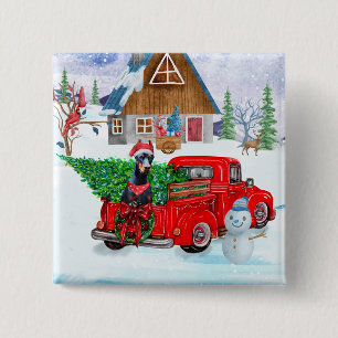 Doberman Dog in Christmas Delivery LKW Schnee Button